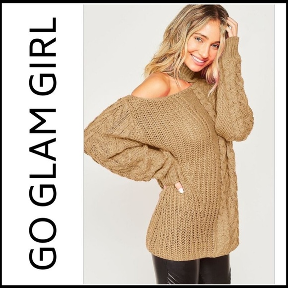 NWT One Shoulder Mock Neck Cable Knit Sweater in Tan, S - Picture 9 of 9